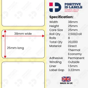 38x25mm Direct Thermal Labels x20000 for Desktop Printers