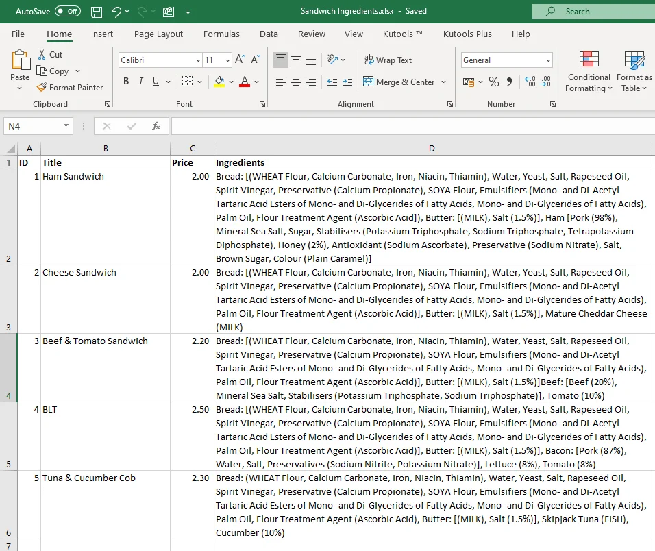 Natashas law ingredient data in excel