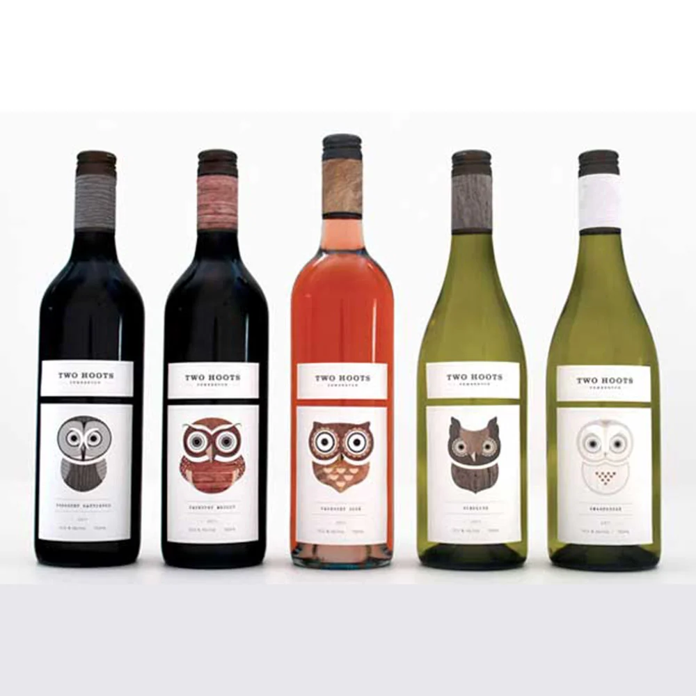Wine labels on selection of wine bottles