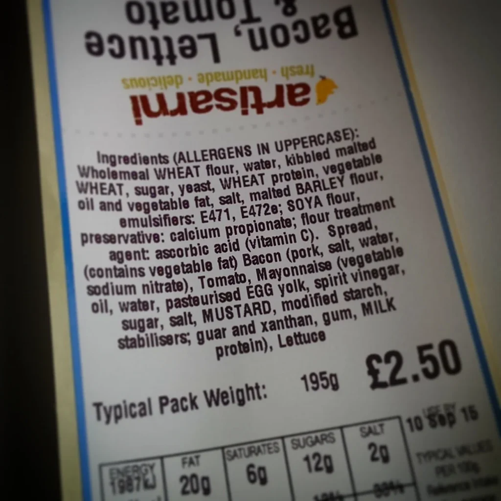 Allergen labelling on a sandwich labels