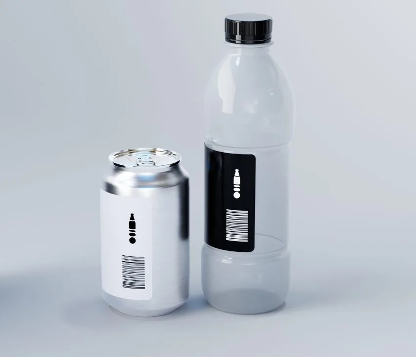 deposit return scheme example labels on a bottle and a can