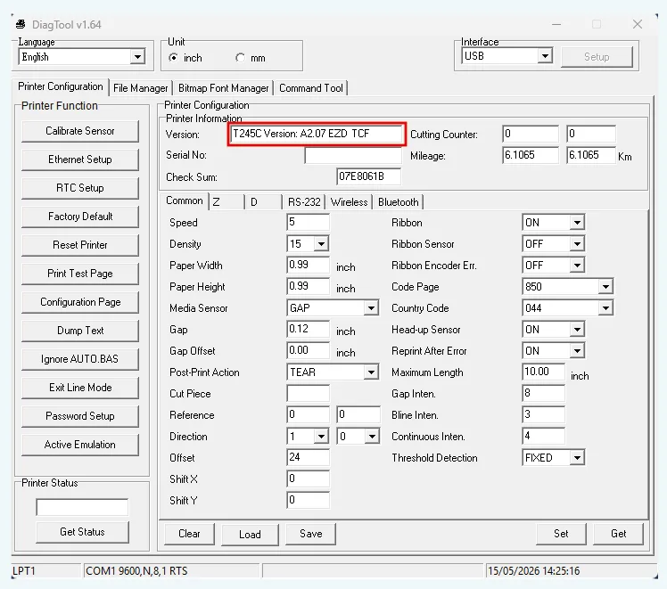 dignostic tool screenshot showing printer model highlighted