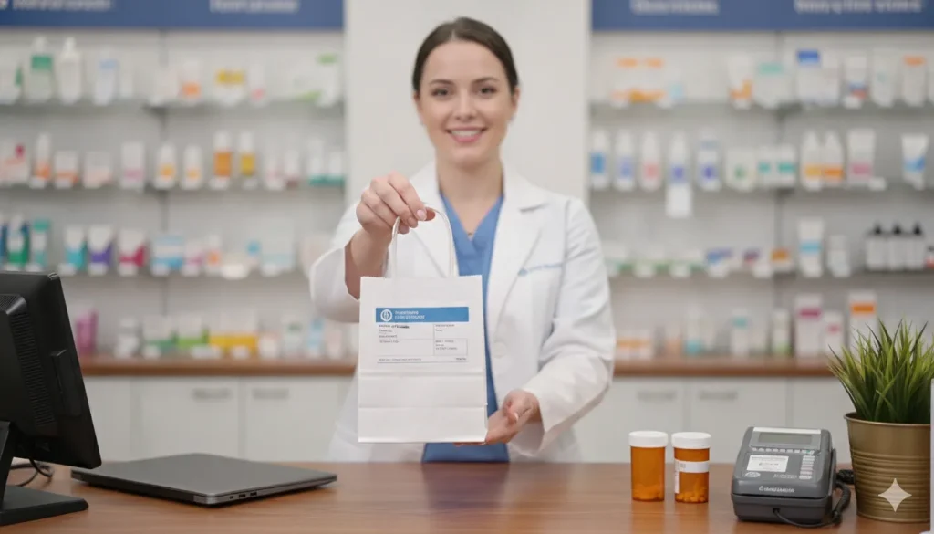 medical label pharmacists handing over prescription