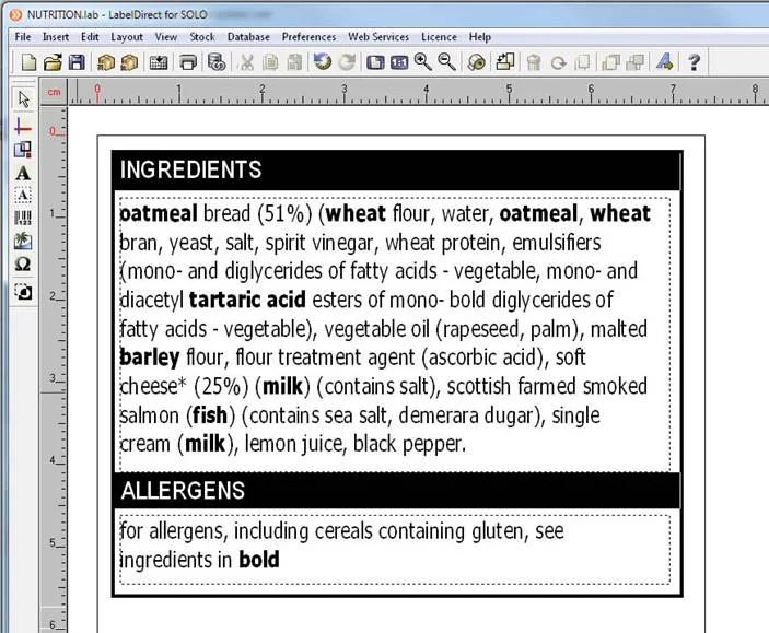 Ingredient listing in softwware windo