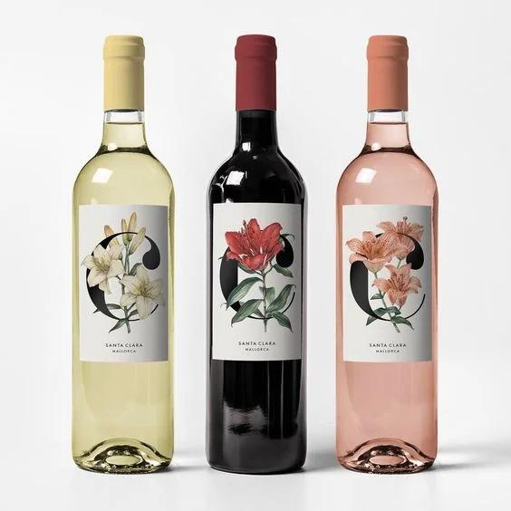 Wine labels on wine bottles